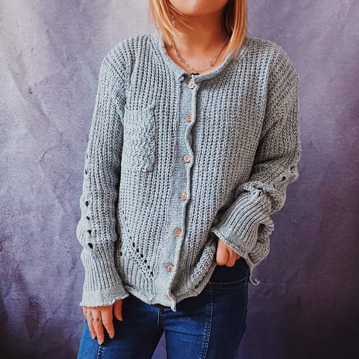 Vintage Solid Rolled Round Neck Long Sleeve Cardigan-ABOXUN