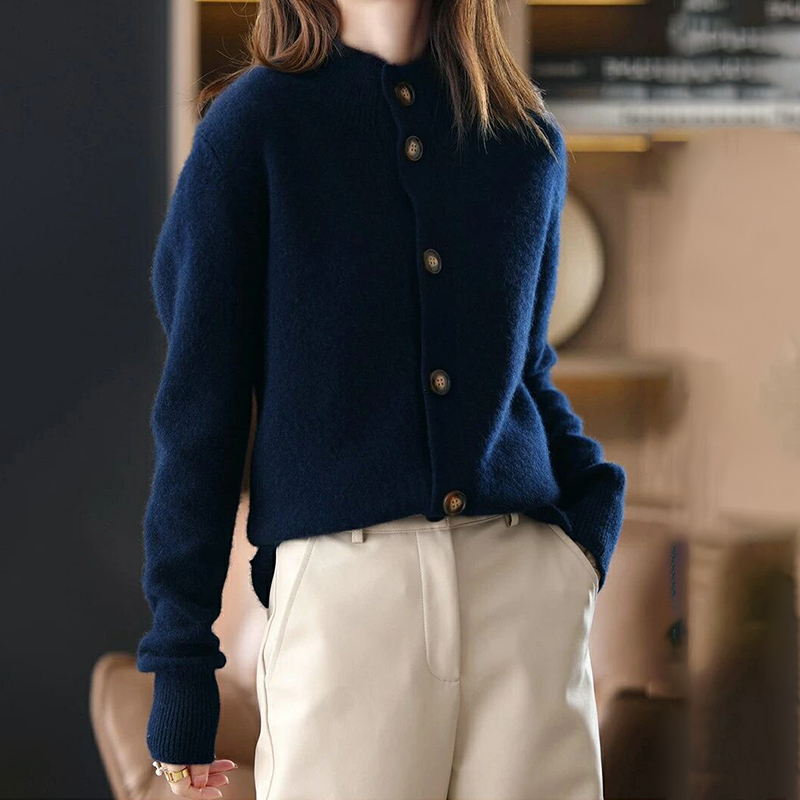 Solid Button Stand Collar Knitted Cardigan-ABOXUN