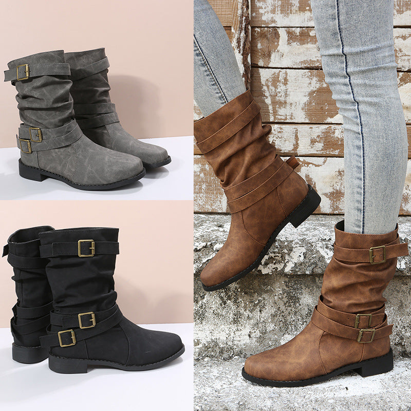 2022 new mid-tube flat bottom Martin women's autumn British style knight boots-ABOXUN