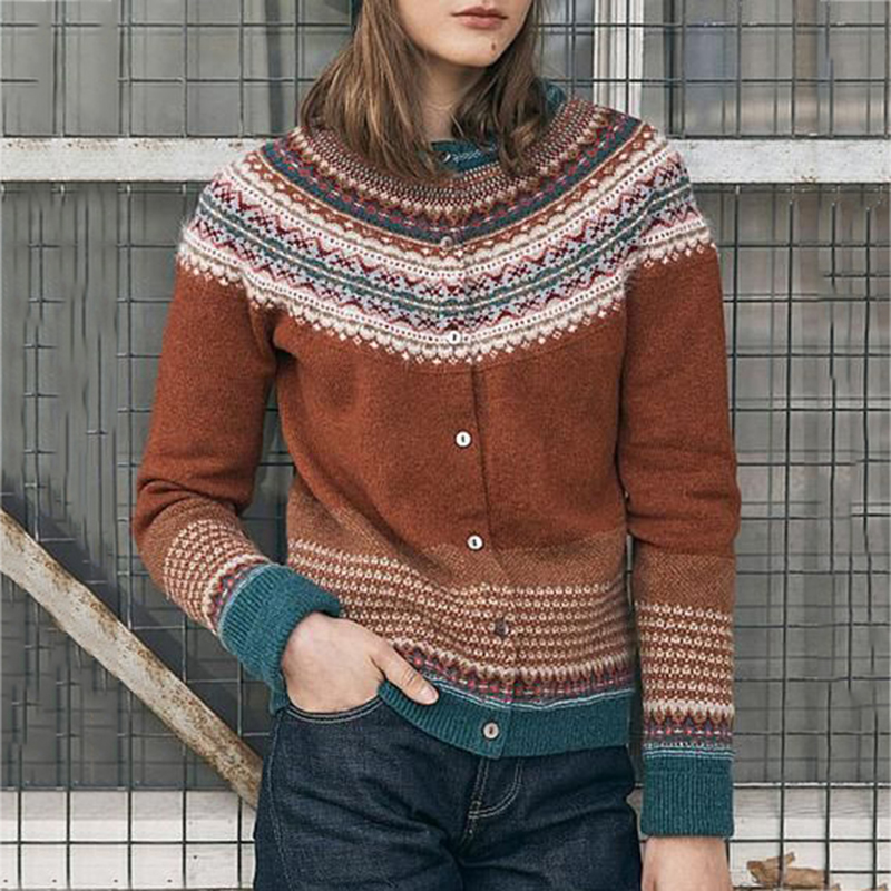 Vintage Contrast Jacquard Long Sleeve Sweater Cardigan-ABOXUN