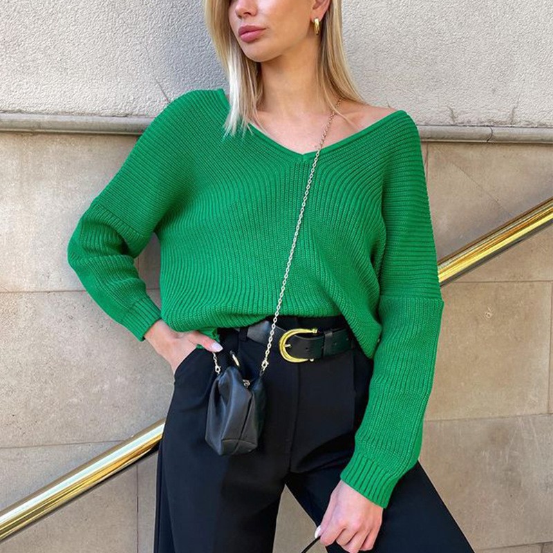 V-Neck Pullover Pit Strip Loose Sweater-ABOXUN