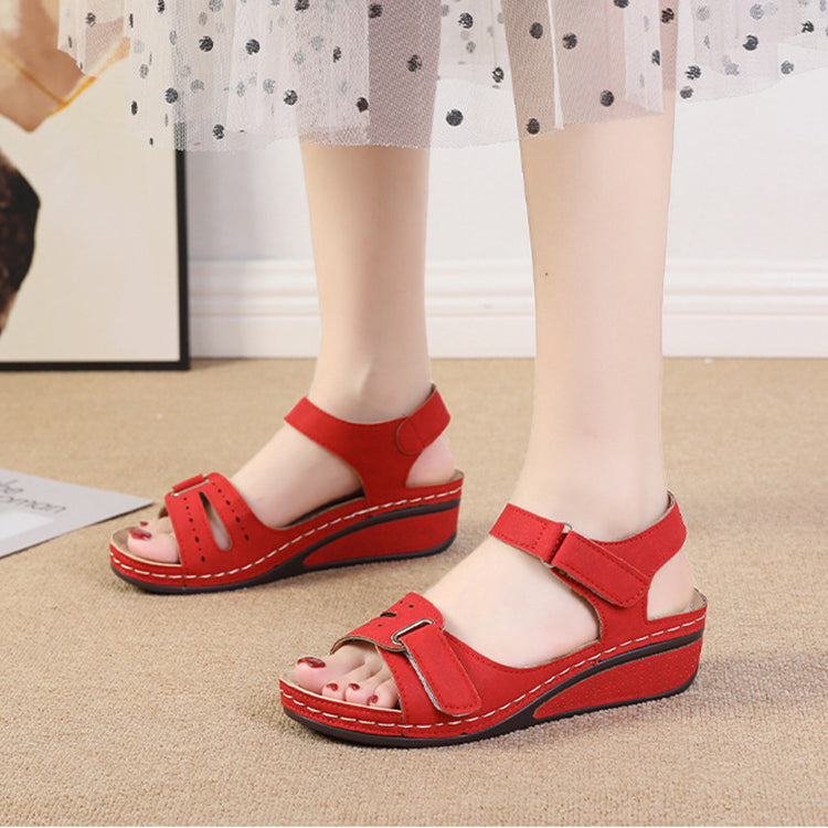 2022 New Casual Round Toe Velcro Mid Heel Women Wedge Sandals-ABOXUN