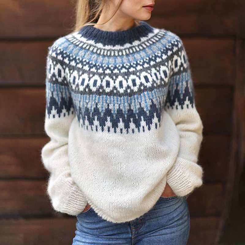 Vintage Geometric Wave Jacquard Long Sleeve Sweater-ABOXUN