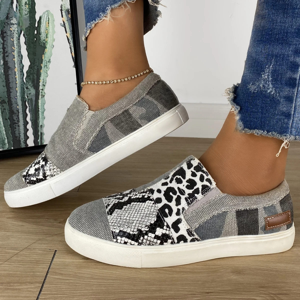 Women Gray Sneakers Casual Raw Edge Canvas Sneakers Slip-on Flat Sneakers-ABOXUN