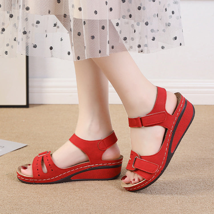 2022 New Casual Round Toe Velcro Mid Heel Women Wedge Sandals-ABOXUN