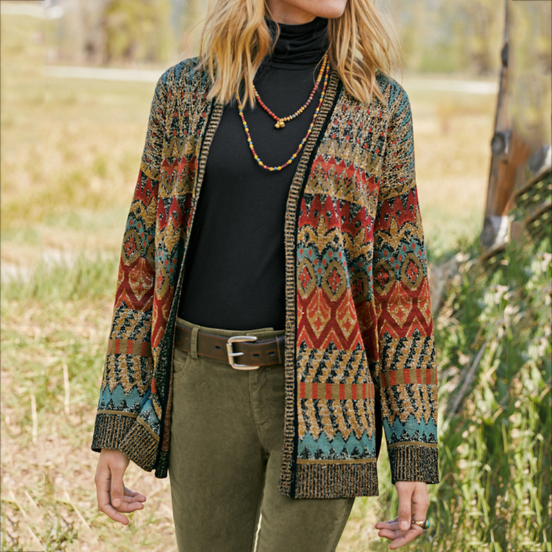 Vintage Ethnic Print Long Sleeve Sweater Cardigan-ABOXUN