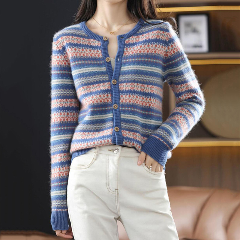 Vintage Colorblock Striped Jacquard Cardigan Sweater-ABOXUN