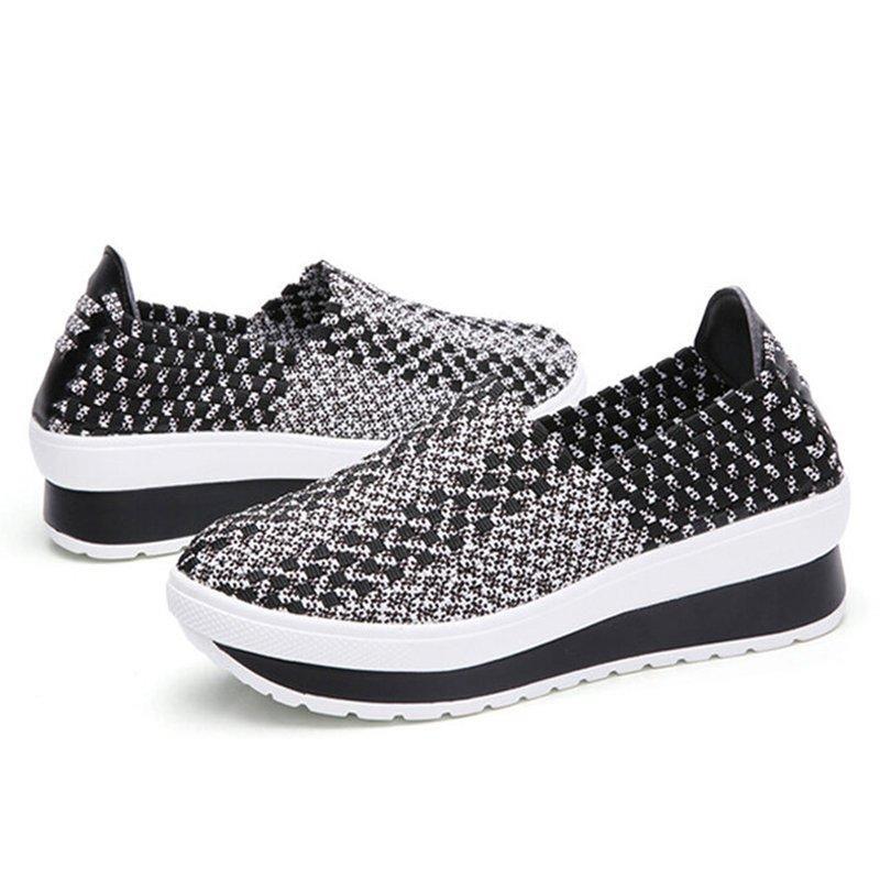 Women Comfy Casual Breathable Elastic Woven Detail Platform Rocker Sole Sneakers-ABOXUN