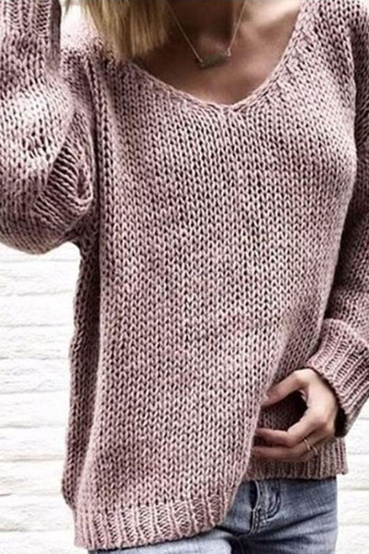 Solid Color V Neck Loose Casual Sweater-ABOXUN