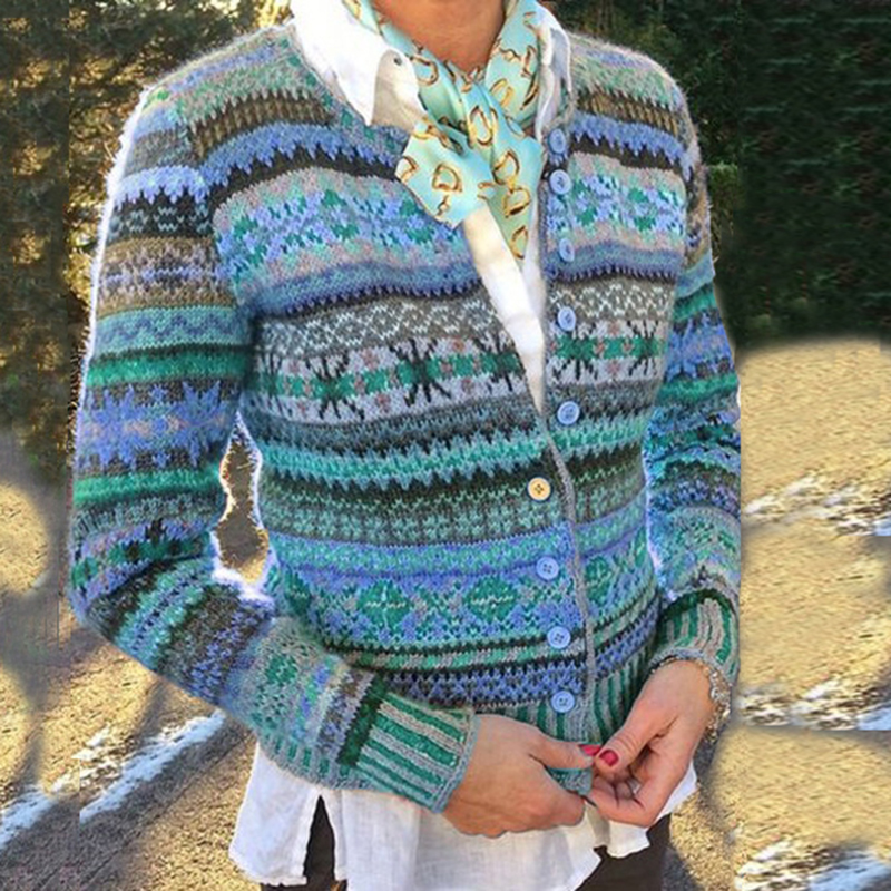 Vintage Ethnic Button Wavy Jacquard Sweater Cardigan-ABOXUN