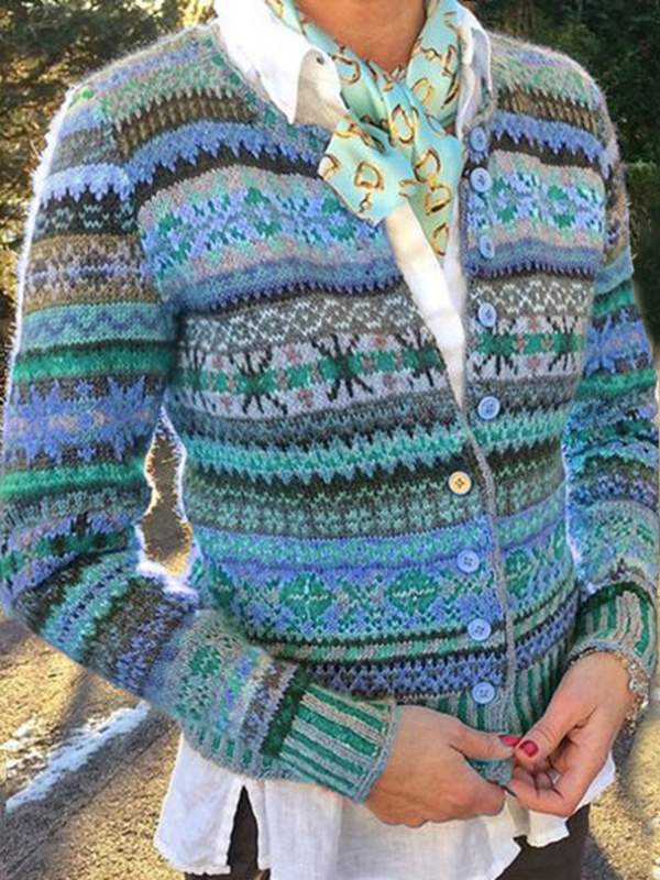Vintage Ethnic Button Wavy Jacquard Sweater Cardigan-ABOXUN