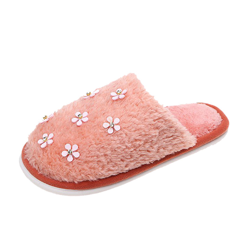 Rhinestone Flower Decorated Fluffy Closed Toe Flat Cotton Slippers-ABOXUN
