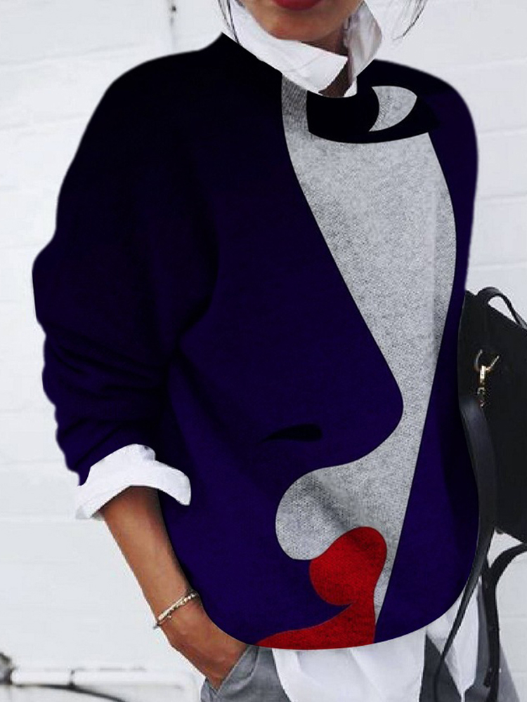 Fashion Brushed Portrait Print Loose Long Sleeve Top-ABOXUN