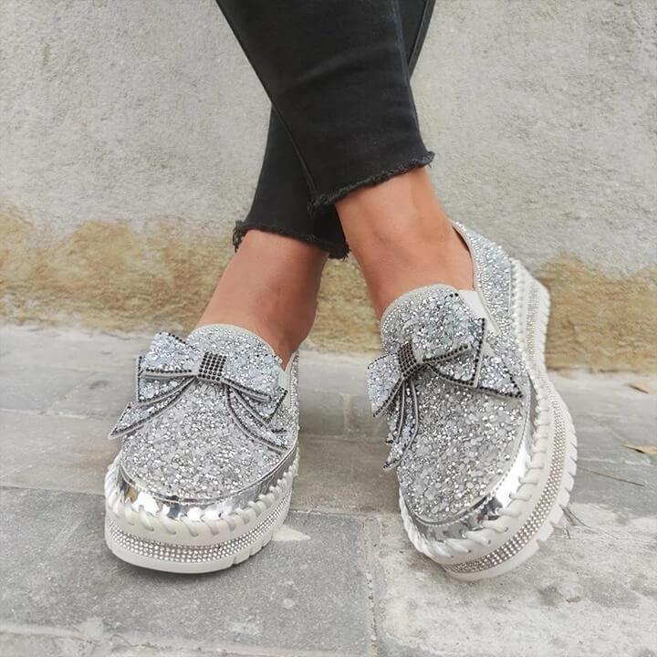 👡Women Shining Rhinestone Slip-on Loafers with Cute Bowknot-ABOXUN