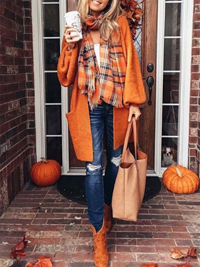 Solid Color Lantern Sleeve Sweater Cardigan-ABOXUN