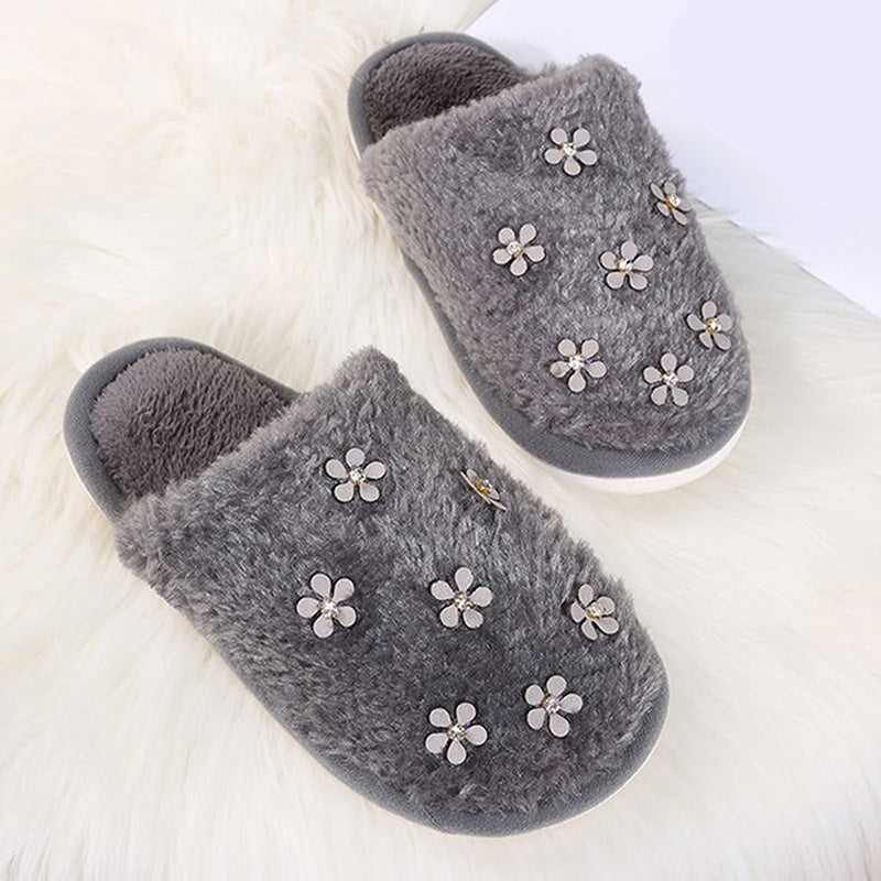 Rhinestone Flower Decorated Fluffy Closed Toe Flat Cotton Slippers-ABOXUN