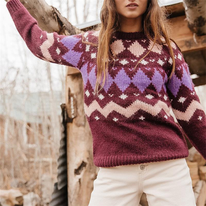 Fellman Island Geometric Contrast Loose Crewneck Sweater-ABOXUN