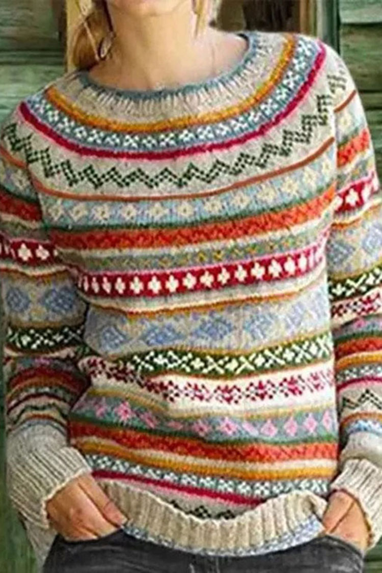 Vintage Ethnic Pattern Crew Neck Sweater-ABOXUN
