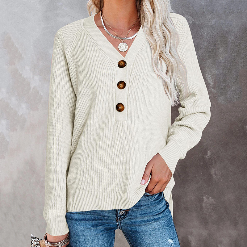 Casual V Neck Long Sleeve Sweater-ABOXUN