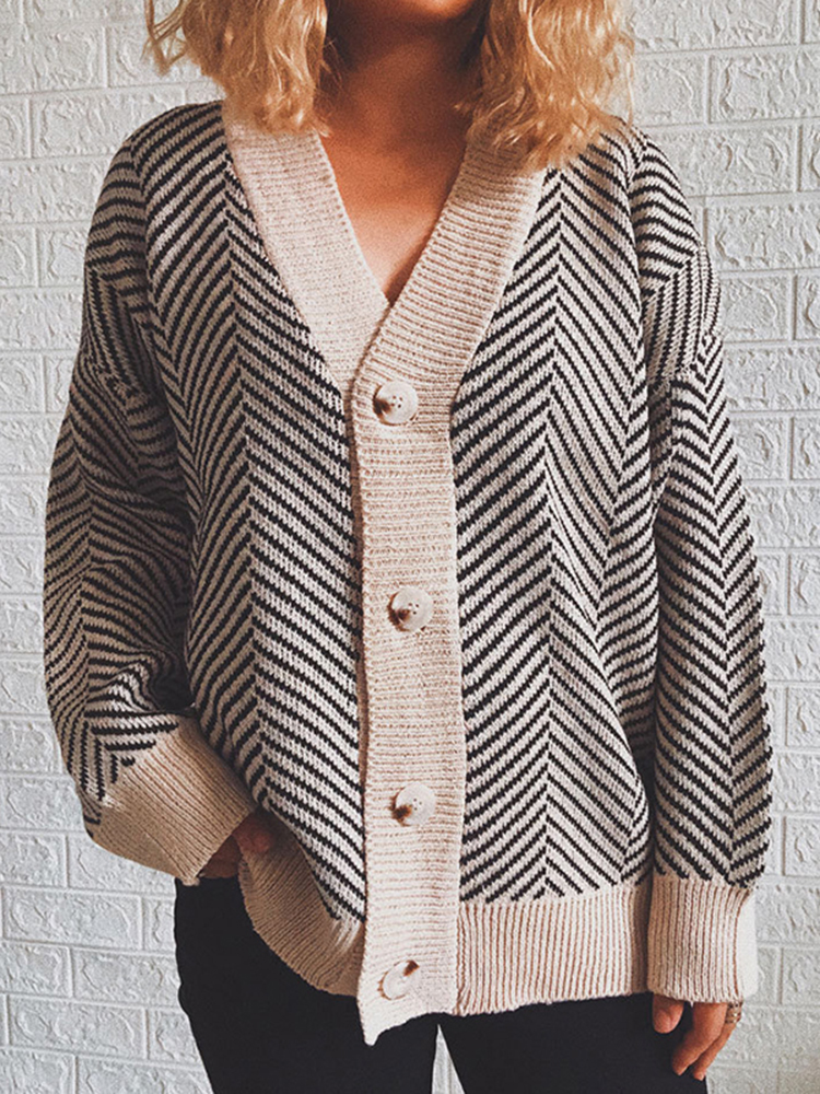 Single-Breasted Diamond Stripe Cardigan-ABOXUN