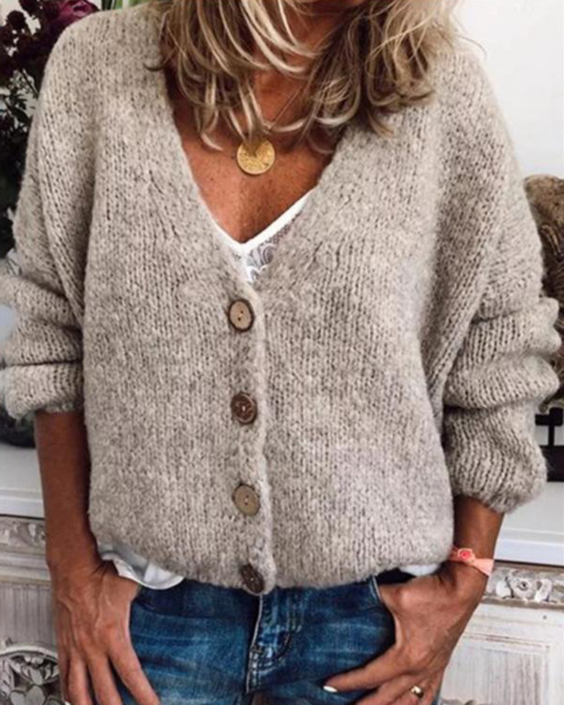 LOOSE CASUAL SINGLE BREASTED V-NECK KNITTED SWEATERS-ABOXUN