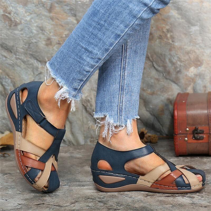 Women Color Block Comfy Wearable Hook Loop Casual Wedges Sandals-ABOXUN