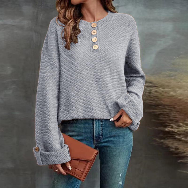 Vintage Solid Pullover Button Loose V-Neck Sweater-ABOXUN