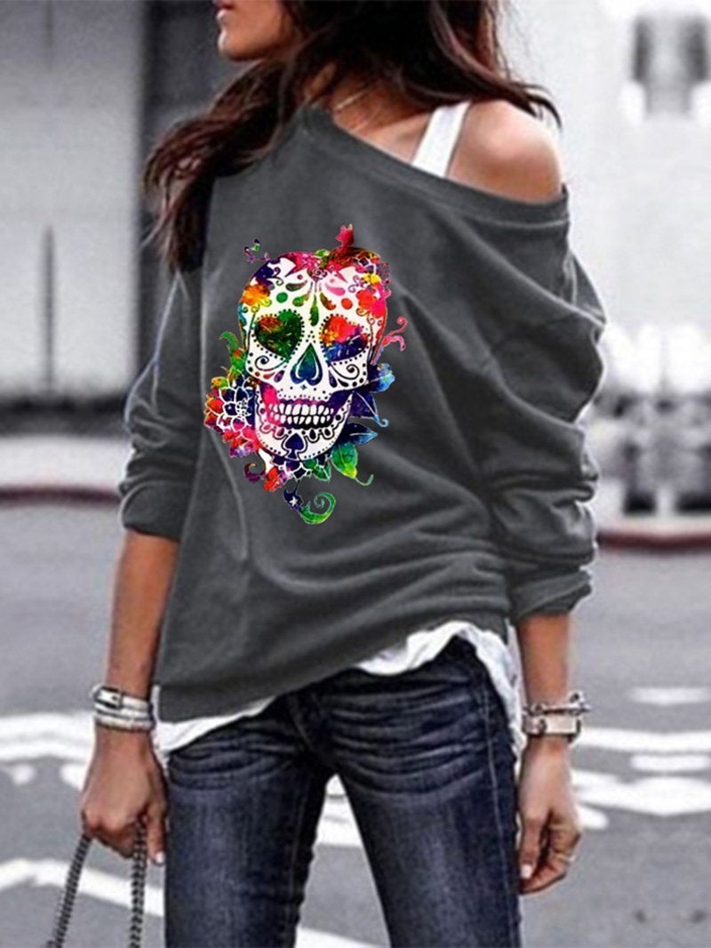 Round neck sweater women's skull print Halloween blouse-ABOXUN