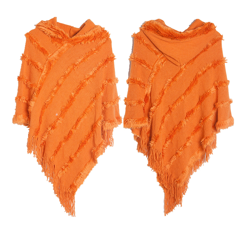 Vintage Solid Fringed Hooded Sweater Pullover Shawl-ABOXUN