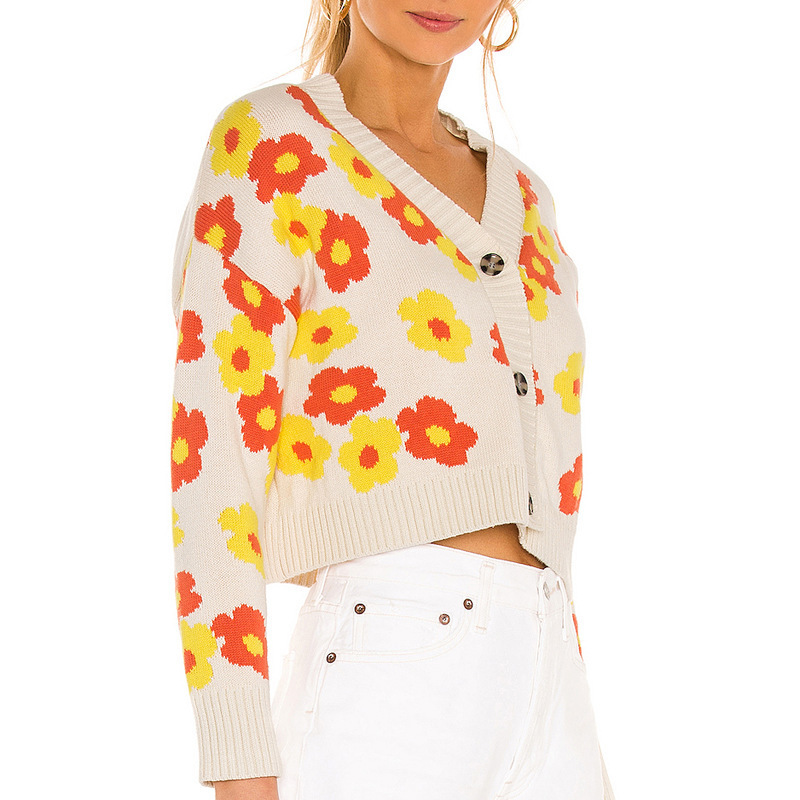 V-Neck Cute Floral Single-Breasted Cardigan-ABOXUN
