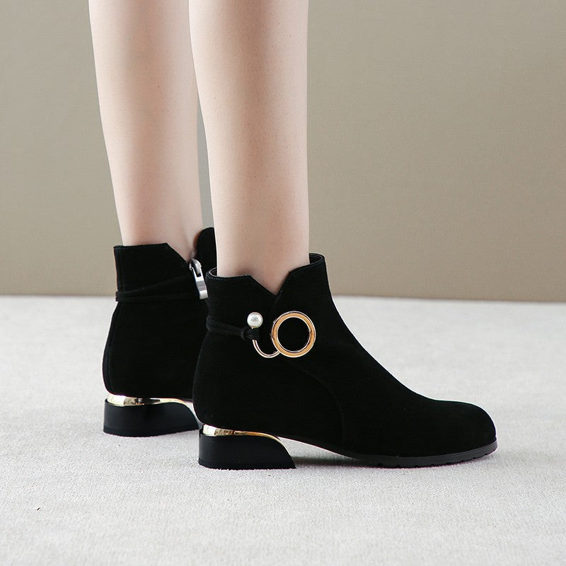 Women's Fall Winter Frosted Chunky Heel Side Zip Ankle Boots-ABOXUN