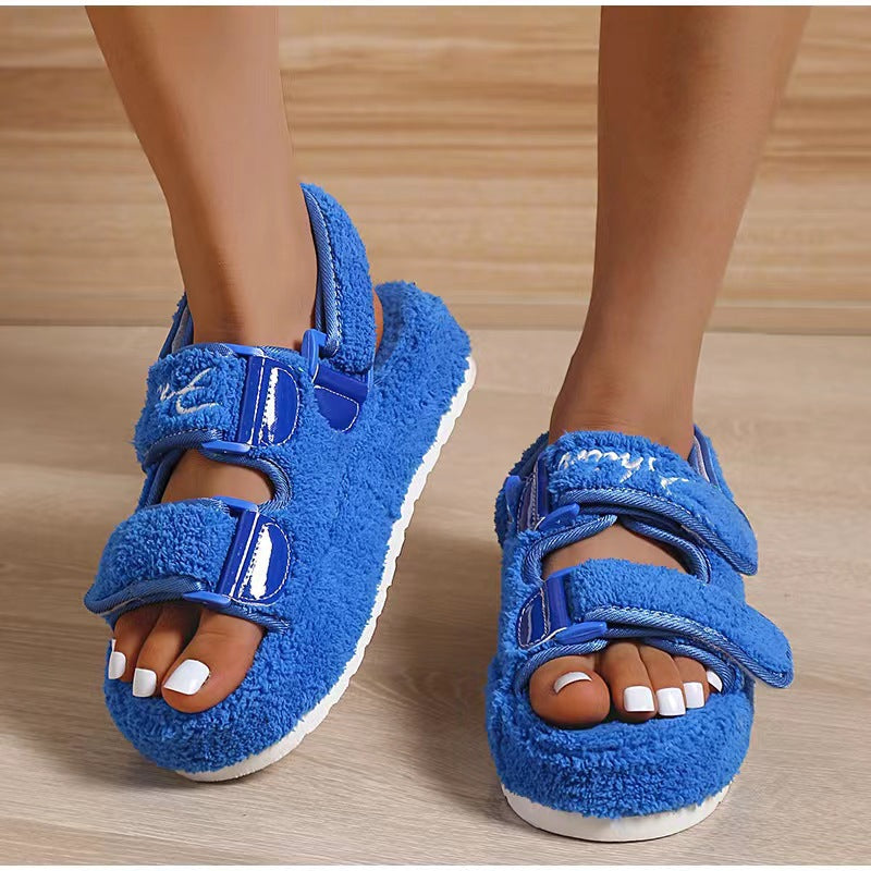 Round Toe Platform Velcro Fleece Thermal Cotton Sandals-ABOXUN
