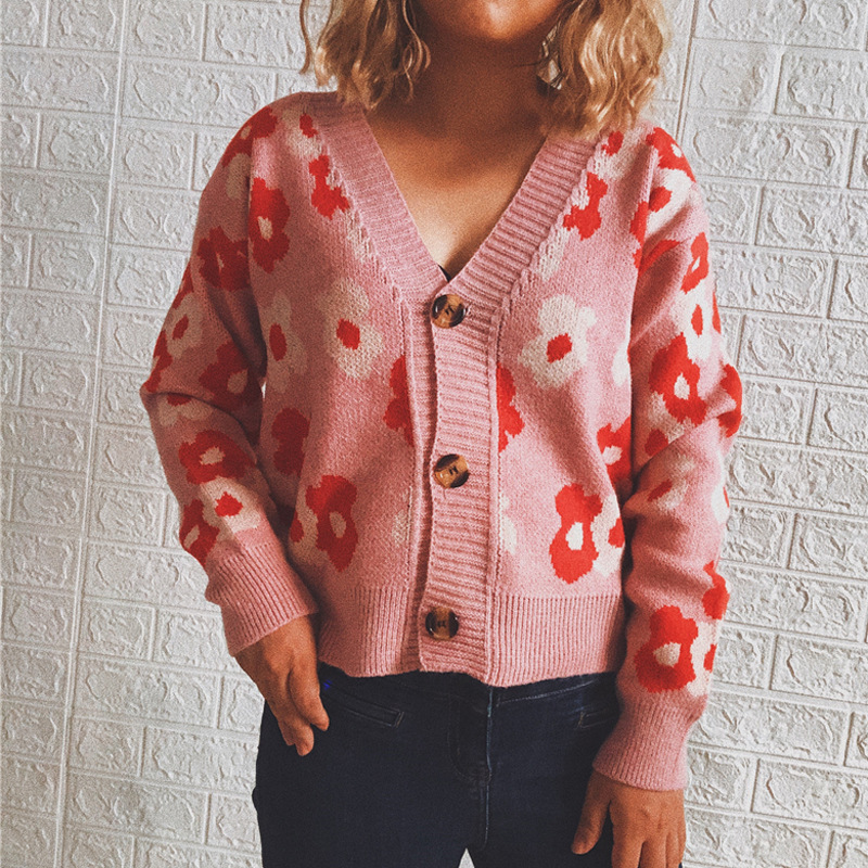 V-Neck Cute Floral Single-Breasted Cardigan-ABOXUN