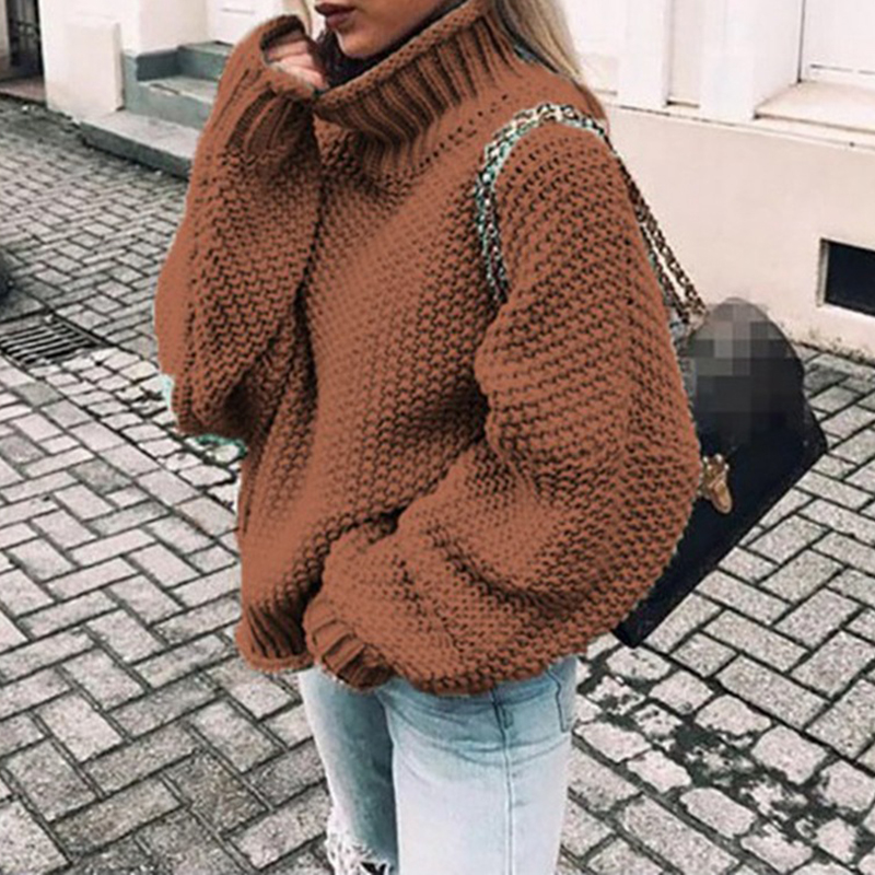 Chunky Half Turtleneck Doll Sleeve Loose Sweater-ABOXUN
