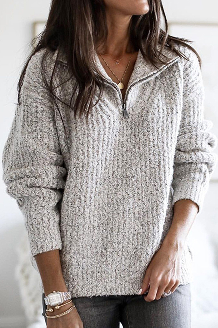 Vintage Zip Pullover Long Sleeve Sweater-ABOXUN