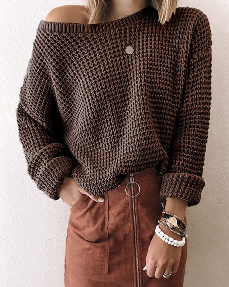 Loose Solid Color Inclined Collar Long Sleeve Knitted Sweater-ABOXUN