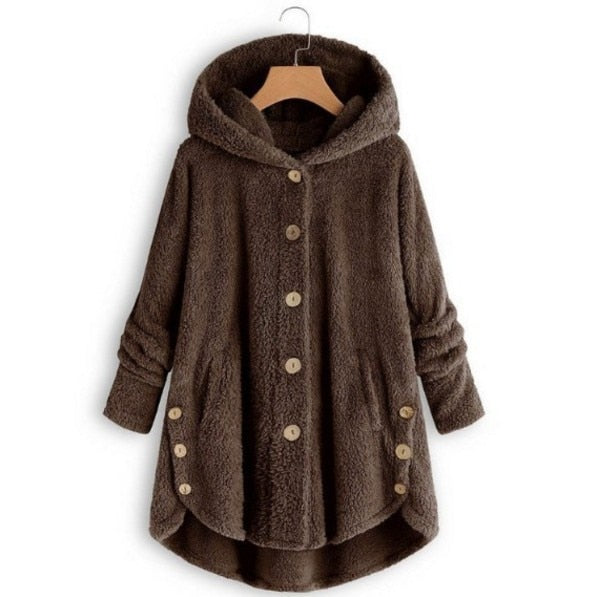 Women Warm Plus Size Button Plush Tops Ladies Hooded Cardigan Wool Coat Jacket-ABOXUN