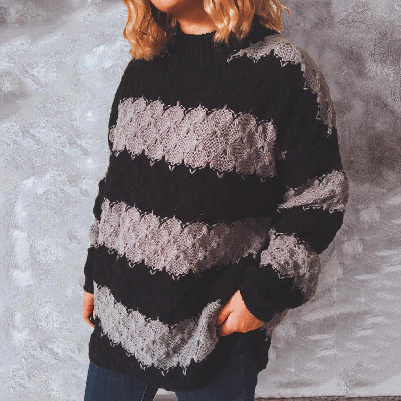 Rhombus Contrast Stripe Patchwork Loose Casual Sweater-ABOXUN