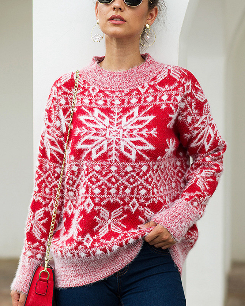 Snowflake Long Sleeve Pullover Sweater-ABOXUN