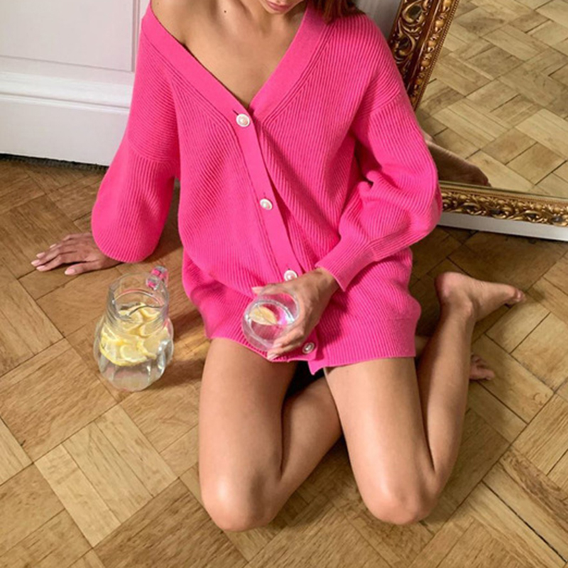 Casual Loose Solid Color Long Sleeve Pearl Button Cardigan-ABOXUN