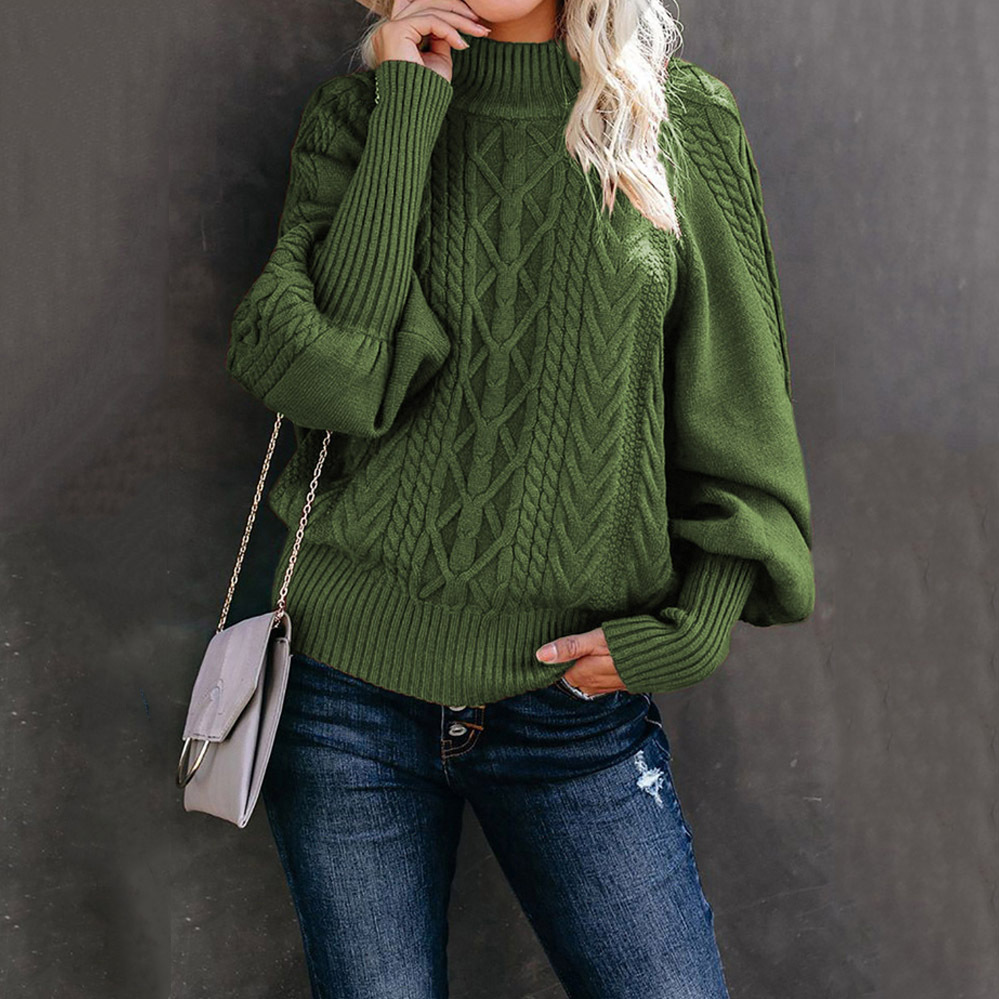 Loose Solid Color Lantern Sleeve Sweater-ABOXUN