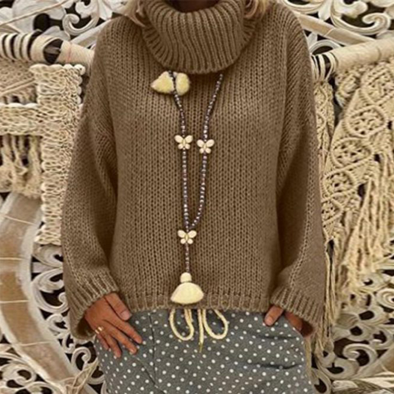 Vintage Solid Color Long Sleeve Loose Pullover Turtleneck Sweater-ABOXUN