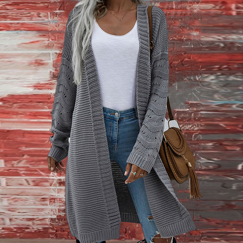 Solid Color Cutout Long Knitted Cardigan-ABOXUN