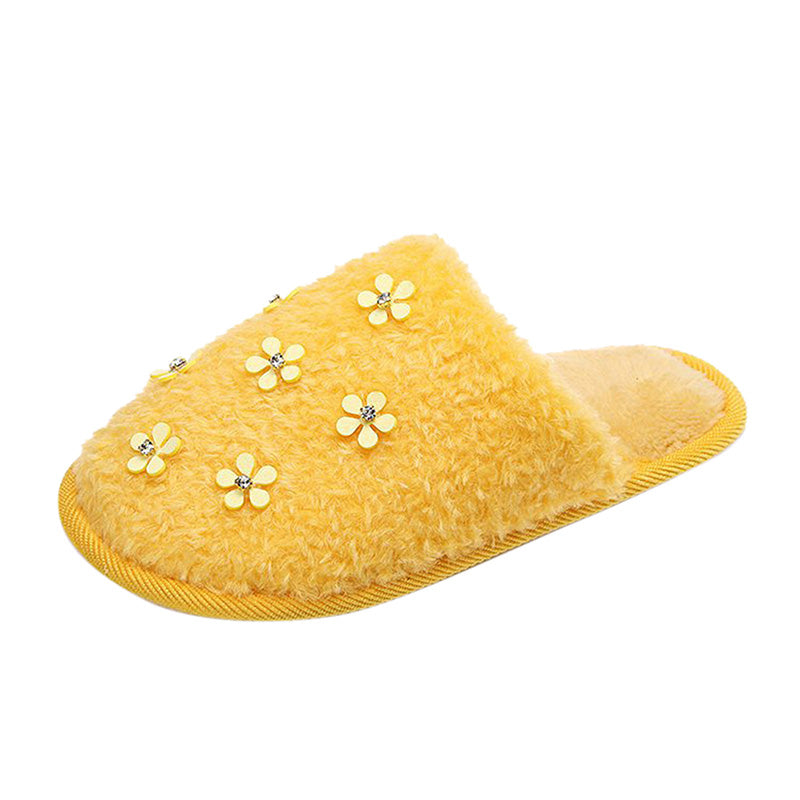 Rhinestone Flower Decorated Fluffy Closed Toe Flat Cotton Slippers-ABOXUN