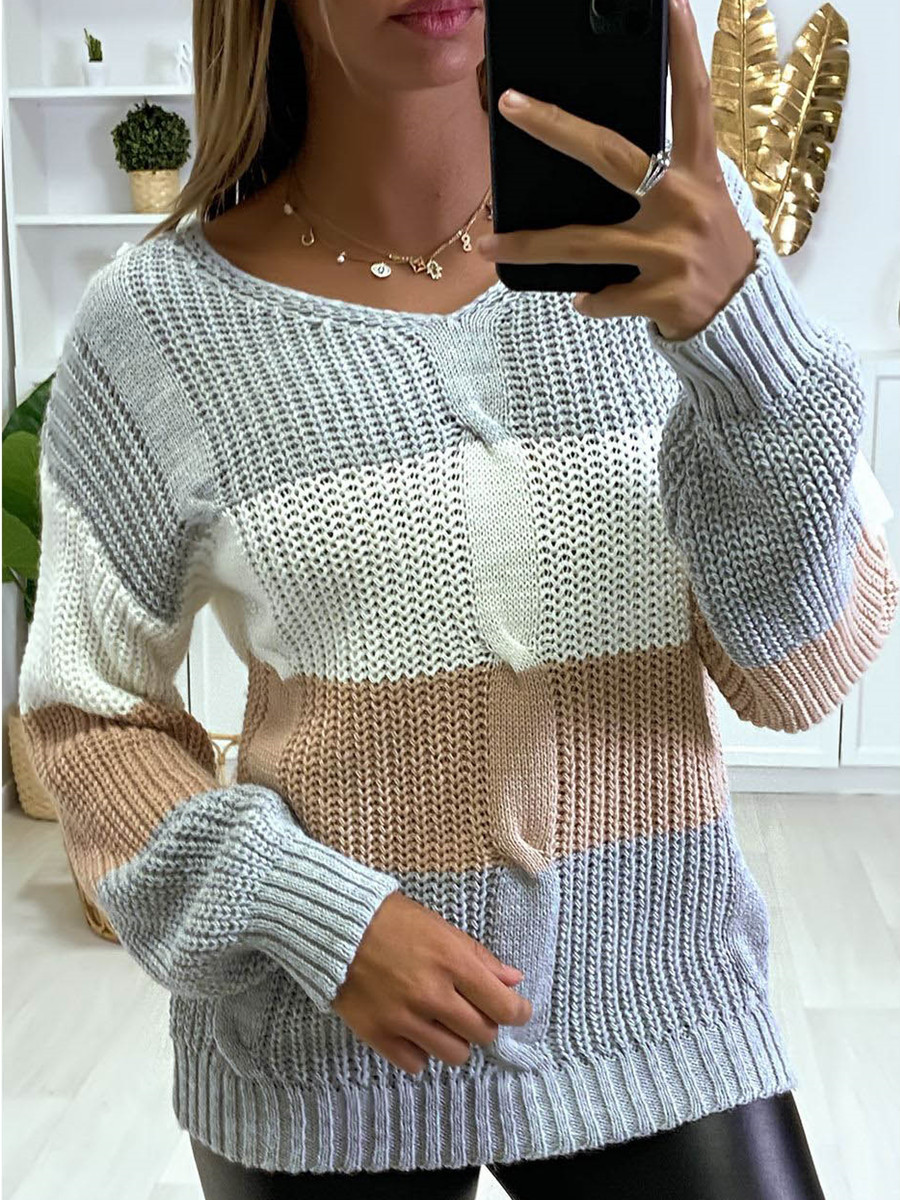V-neck Color-block Long-sleeved Sweater-ABOXUN