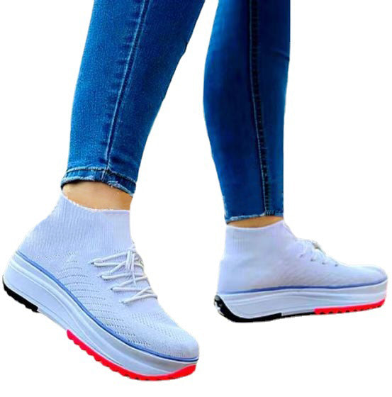 Lace-up Contrast Paneled Knit Slip On Sneakers-ABOXUN