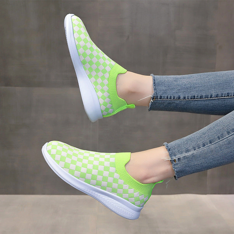 Ladies plaid low top knitted shoes-ABOXUN