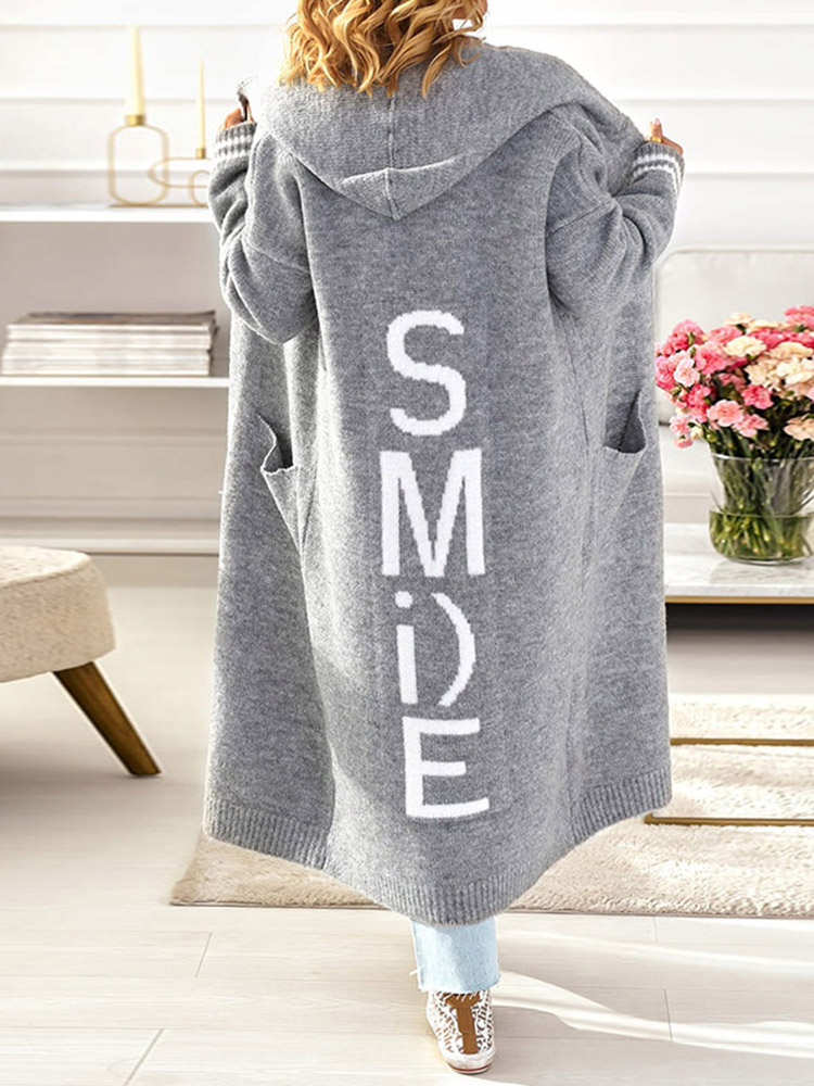 Letter Loose Casual Long Sleeve Hooded Sweater Cardigan-ABOXUN