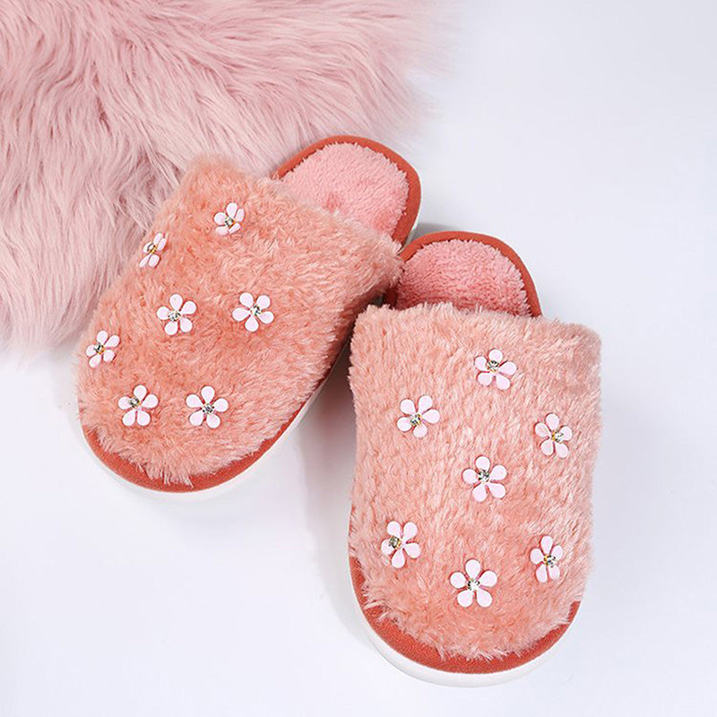 Rhinestone Flower Decorated Fluffy Closed Toe Flat Cotton Slippers-ABOXUN