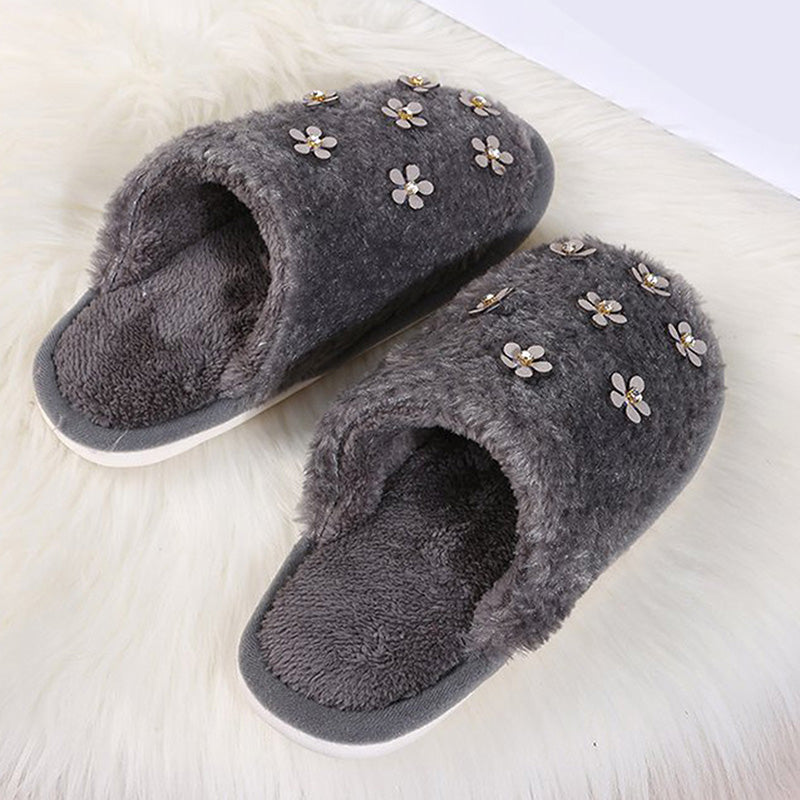 Rhinestone Flower Decorated Fluffy Closed Toe Flat Cotton Slippers-ABOXUN